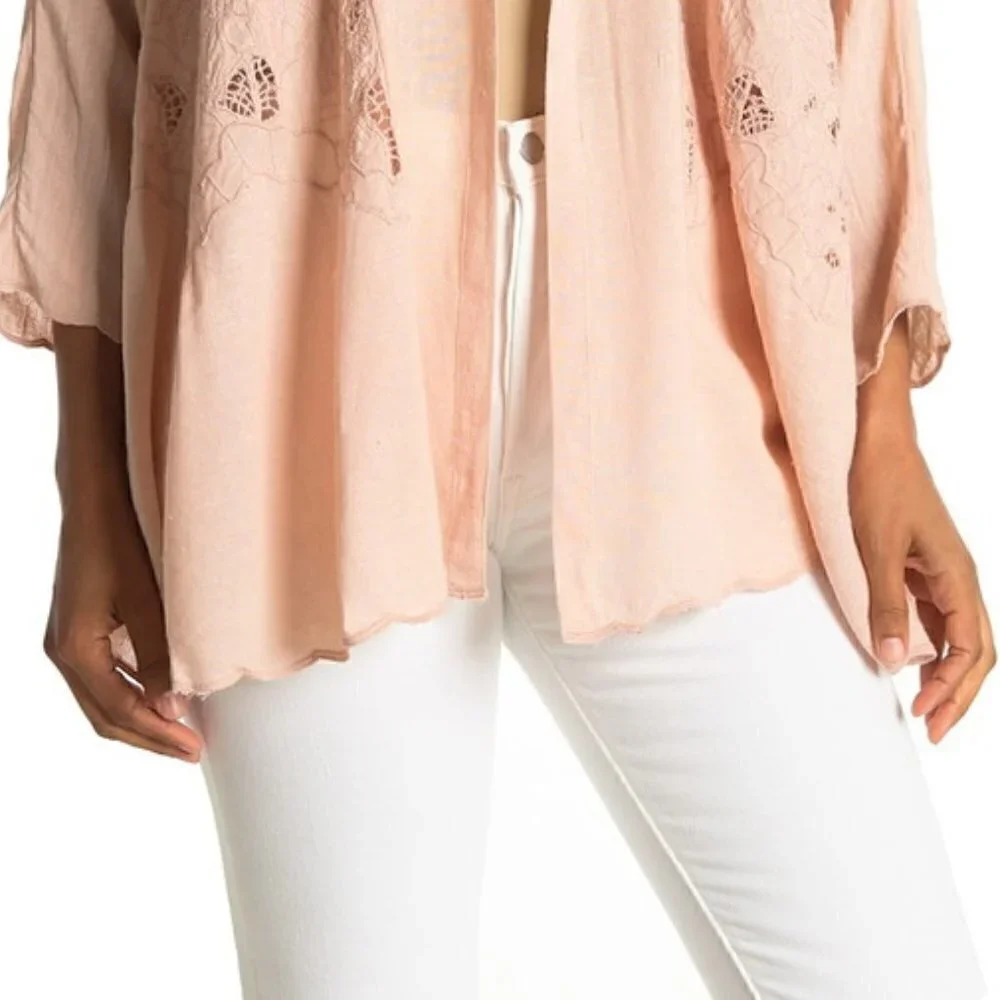 New Free People Cool Nights Crochet Conch Pink Cardigan Short Duster Kimono Sz S
